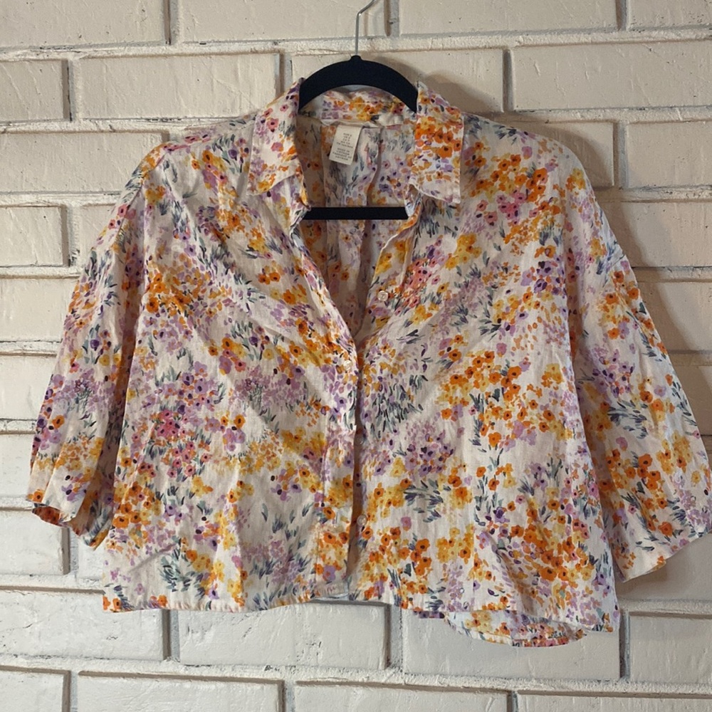 H&M linen floral boxy crop top